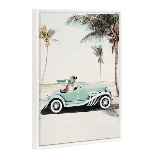 Sylvie Leopard in Car Beach Palms 1-Piece White Framed Canvas Art Print, 18.00 in. x 24.00 in.
