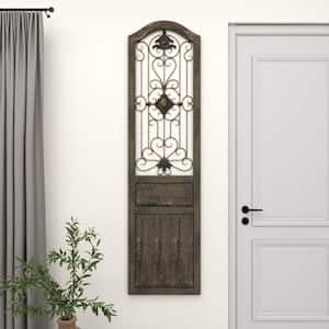 19 in. x  72 in. Wood Brown Distressed Door Panel Scroll Wall Decor with Metal Wire Details