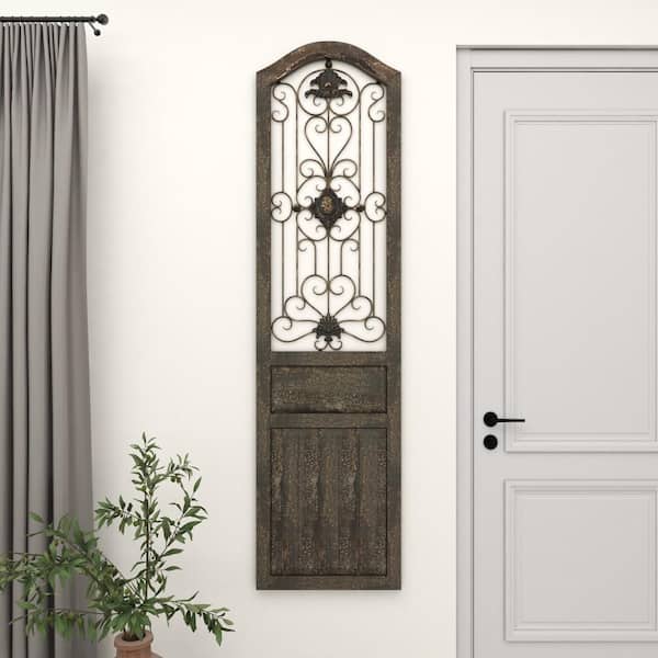 Litton Lane 19 in. x  72 in. Wood Brown Distressed Door Panel Scroll Wall Decor with Metal Wire Details