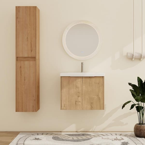 ARTCHIRLY 23.6 in.W x 18.1 in.D x 19.3 in.H Wall-Mounted Bath Vanity in Oak with White Resin Top and Side Cabinets