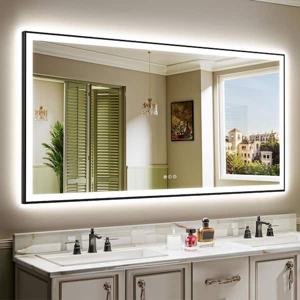 66 in. W x 36 in. H Rectangular Framed Front and Back LED Lighted Anti-Fog Wall Bathroom Vanity Mirror in Tempered Glass