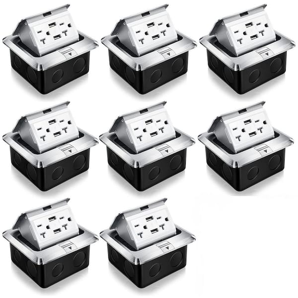Silver 20A Weatherproof, Tamper Resistant Pop up Floor, Counter Top Outlet Kit with 2-Outlets. 2 USB-A Ports - (8-Pack)