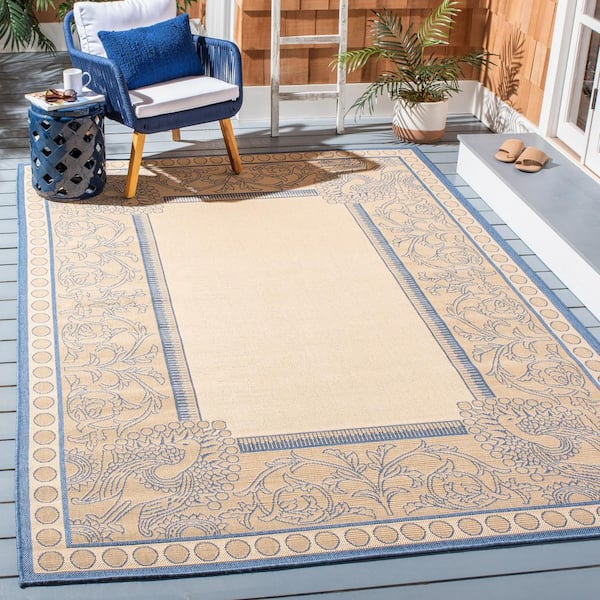 Courtyard Natural/Blue 4 ft. x 6 ft. Border Indoor/Outdoor Patio  Area Rug