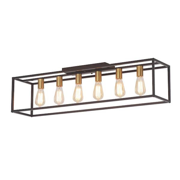 UMEILUCE 38 in. 6-Light Farmhouse Rectangluar Cage Black and Gold Flush Mount with No Bulbs Included