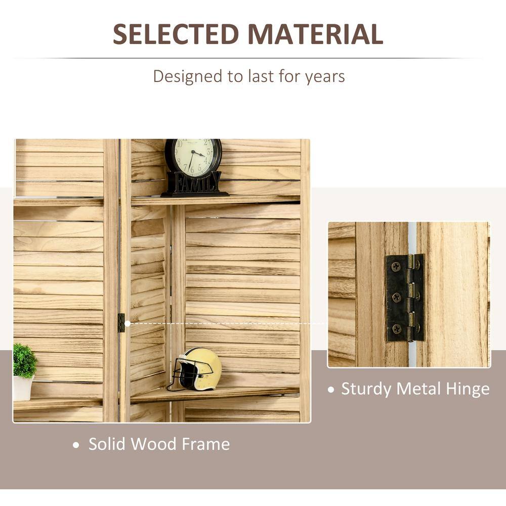 Natural Light Wood 4-Panel Folding Room Divider with Shelves