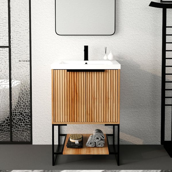 Staykiwi 24 in. W x 18 in. D x 35 in. H Freestanding Bath Vanity Set in Maple with Resin Vanity Top and White Basin