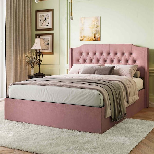 Pink Wood Frame Queen Size Platform Bed with Crystal Button Accents, Wingback Headboard and Under-Bed Storage Space