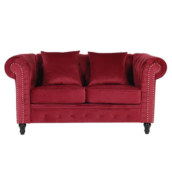 Boyel Living 61 In Red Button Tufted Velvet Fabric 2 Seates Loveseats With Rolled Arm Wf Hfsn 155r The Home Depot