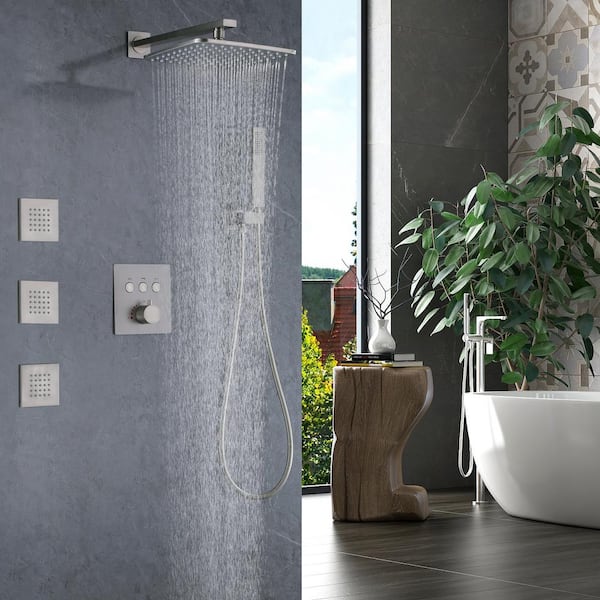 Tomfaucet Thermostatic Single Handle 3-Spray Patterns Shower Faucet 4.76 GPM with Body Spray in. Brushed Nickel (Valve Included)