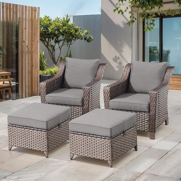 Opohoro SlideArm 4-Piece Brown Wicker Outdoor Lounge Chairs Patio Armchairs with Gray Cushions and Ottomans