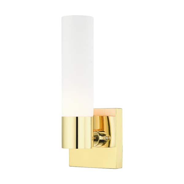 AVIANCE LIGHTING Aspen 11.25 in. 1-Light Polished Brass ADA Wall Sconce with Satin Opal White Twist Lock Glass
