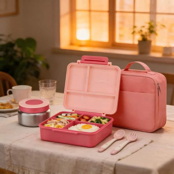 Durable Reusable Lunch Bag - Stainless Steel Kids Bento & Thermal Food Jar Set, Kids Thermo Hot Food Jar in Pink