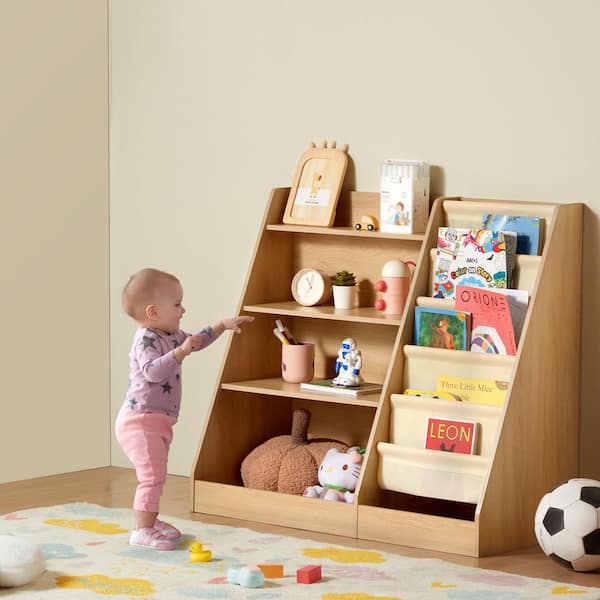 4-Tier Kids Wooden Bookshelf, Brown 6-Layer Sling Bookcase, Kid Storage Book Rack, Toy Organizer Cabinet, for Kids