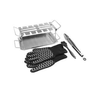 6-Piece Stainless Steel Chicken 12 Leg and Wing Hanger Rack Set with Drip Tray, Tongs and Heat Resistant Gloves