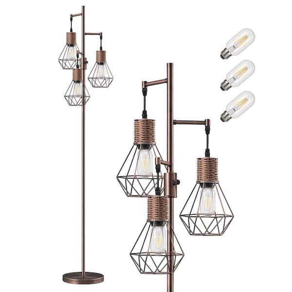 65 in. Red Bronze 3-Light LED Edison Bulbs Smart Dimmable Tripod Floor Lamp with Diamond-Shaped Cage