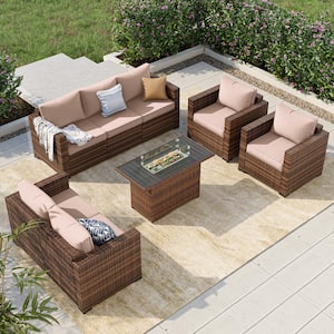 7 Seat 5-Piece Rattan Wicker Outdoor Patio Rectangular Fire Pit Conversation Seating Set with Beige Cushions, Loveseat