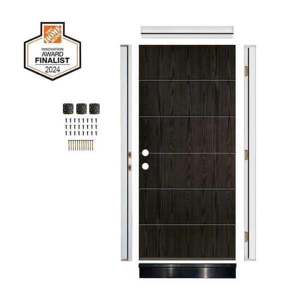 DIY 36 in. x 79 in. Right-Hand 6-Grid Solid Panel Baby Grand Stain Fiberglass Front Door Kit w/ Quick Assemble Jamb