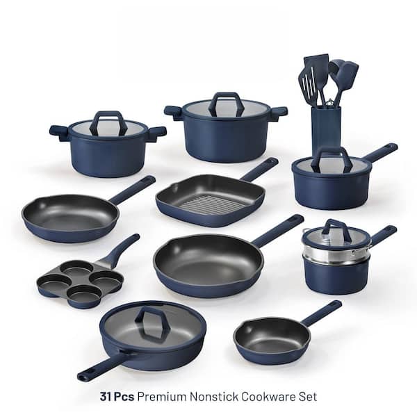 WILLING COOKWARE SET 2ピース Wudkey 31-Piece Nonstick Aluminum Cookware Set with Lids in Blue