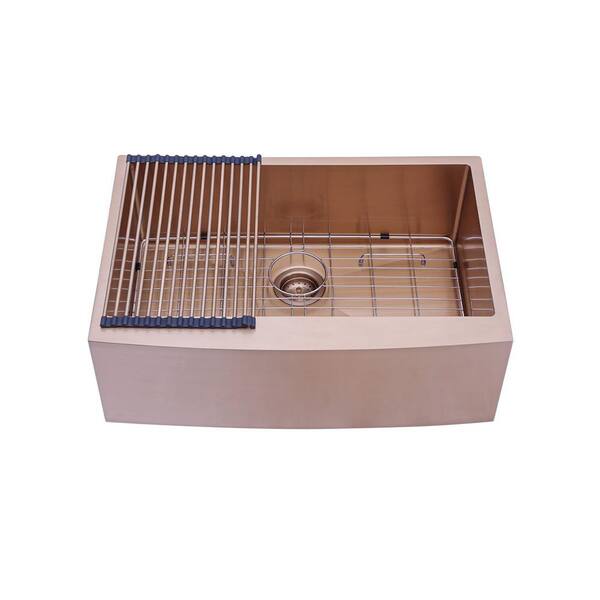 Modland Loile 30 in. L Apron Front Farmhouse Single Bowl 16 Gauge Rose Gold Stainless Steel Kitchen Sink with Accessories