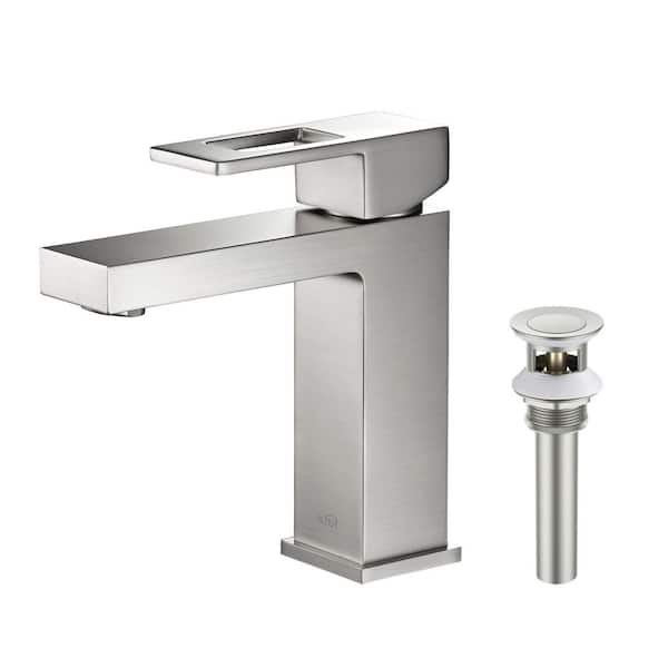KIBI Single Hole Cubic Single Handle Bathroom Vanity Sink Faucet with Pop Up Drain in Brushed Nickel