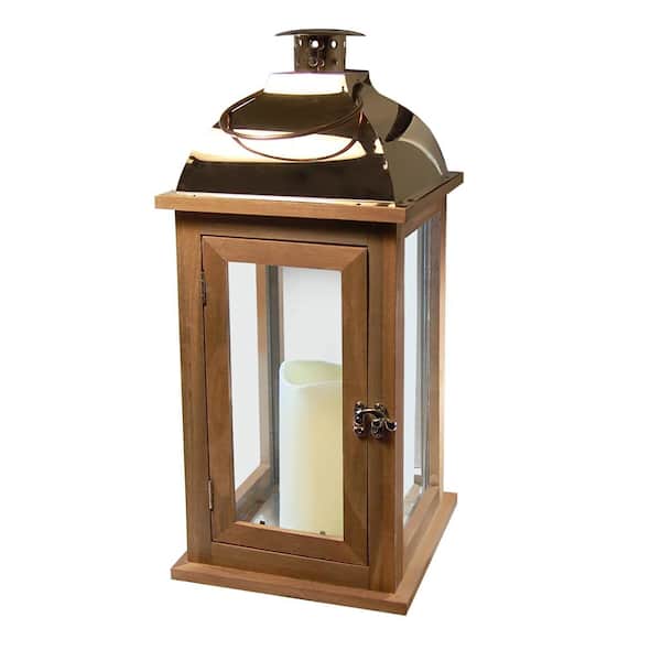 LUMABASE Lantern 7.5 in. x 17 in. Wooden Brown Lantern Copper Roof with LED Candle