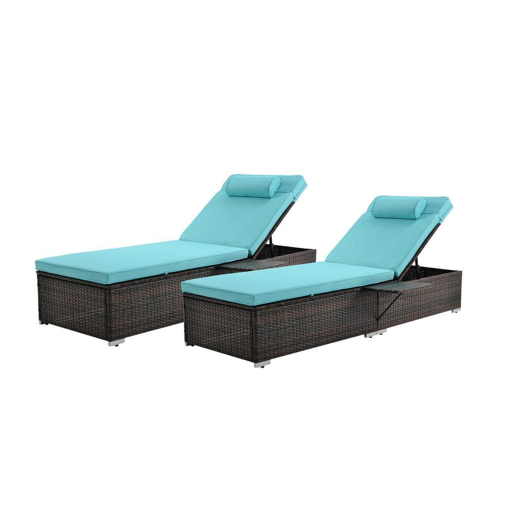 Brown 2-Piece Wicker Outdoor Chaise Lounge Patio Recliner Chair with Blue C