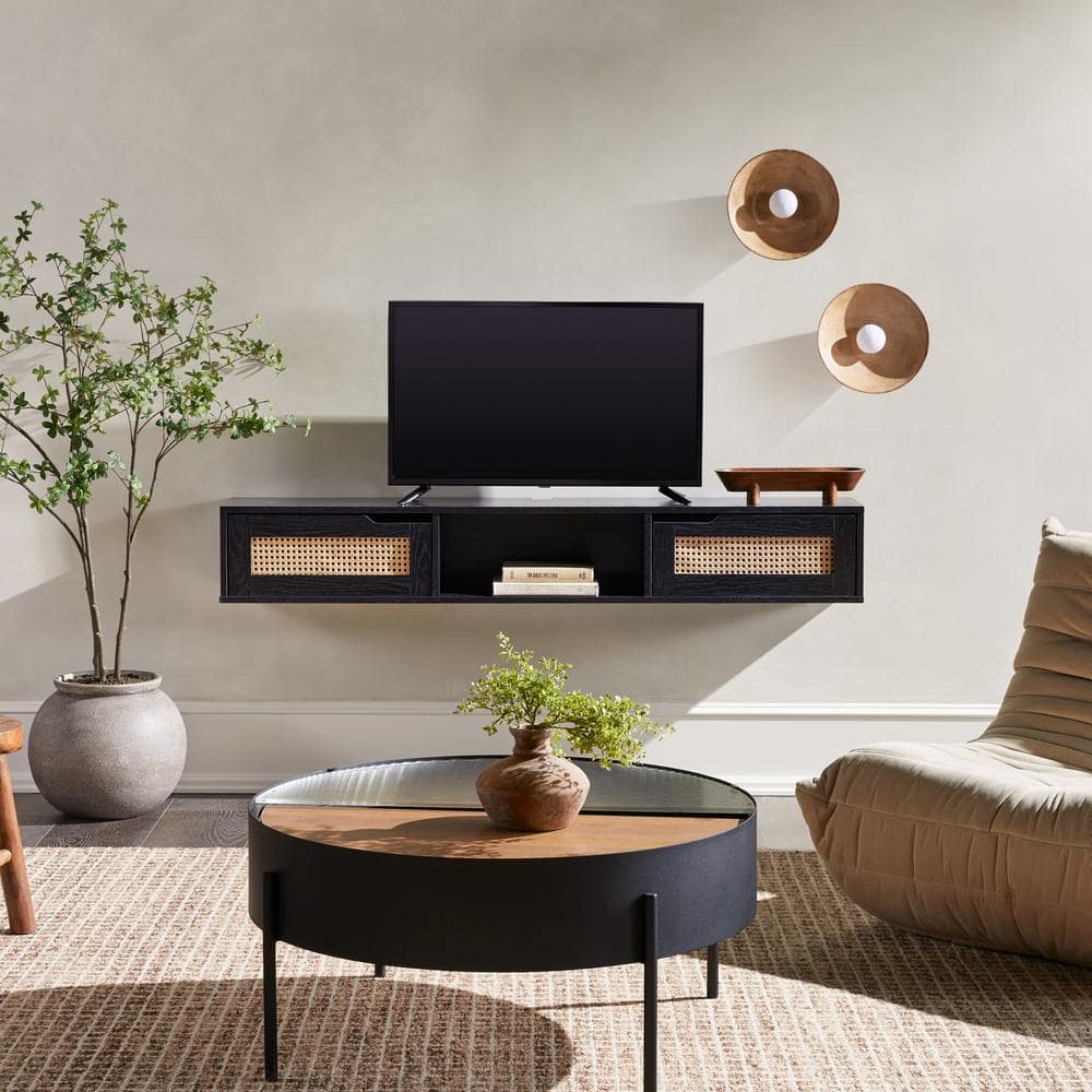 58 in. W x 9 in. D Black MDF Modern Rattan-Door Floating TV Stand Decorativ