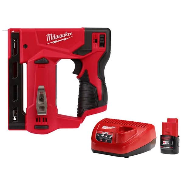 Milwaukee - M12 12-Volt Lithium-Ion Cordless 3/8 in. Crown Stapler with Compact Battery Pack 2.0Ah and Charger Starter Kit