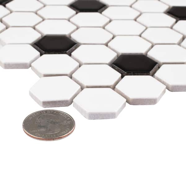 Madison 1 in. Hex Matte Cool White with Black Dot 6 in. x 6 in. Porcelain Mosaic Take Home Tile Sample