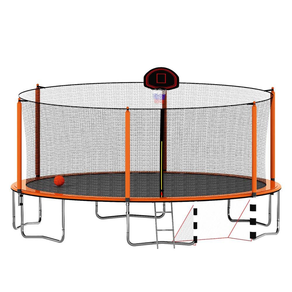 16FT Trampoline with Basketball Hoop, Soccer Goal, Pump, and Ladder-Orange,