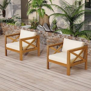 Teak Acacia Wood Outdoor Lounge Chair Club Armchair with Water-Resistant Beige Cushions (2-Pack), for Patio Garden Yard