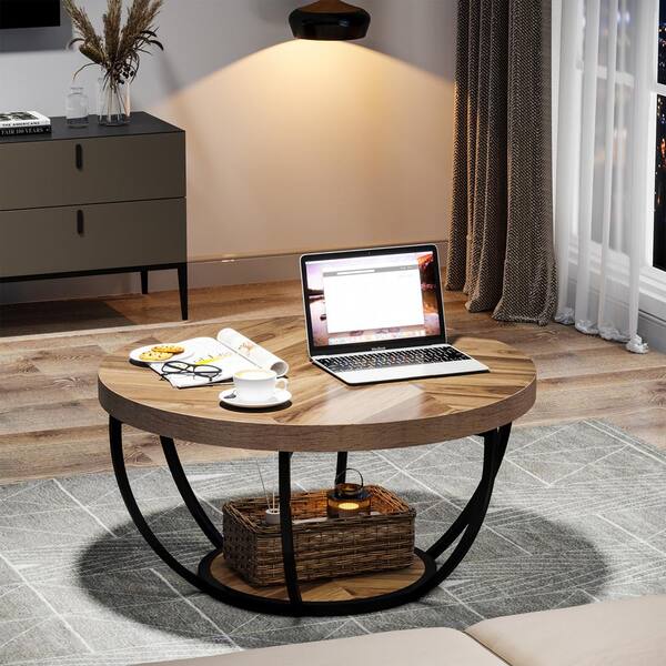 Segawe 31.5" Industrial Coffee Table – 2 Tier With Storage Shelf, MDF/ Metal, Natural Retro, 132lb Capacity