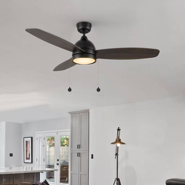 Troyes 52 in. Indoor Black Downrod Standard 3-Speed DC Ceiling Fan with Dimmable LED and Pull Chain