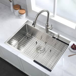 Undermount 16 Gauge Stainless Steel 30 in. 2-Hole Single Bowl Kitchen Sink with Bottom Grid and Basket Strainer