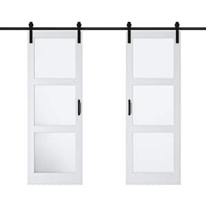 60 in. x 84 in. 3-Lite Tempered Frosted Glass White MDF Finished Double Sliding Barn Door Slab with Hardware