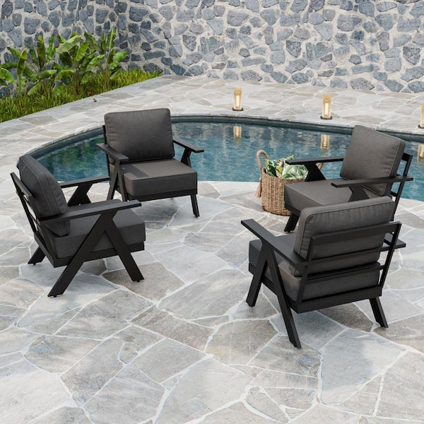 Modern Black Rust-Resistant Metal Frame Outdoor Lounge Chair with Gray Cushions (Set of 4)