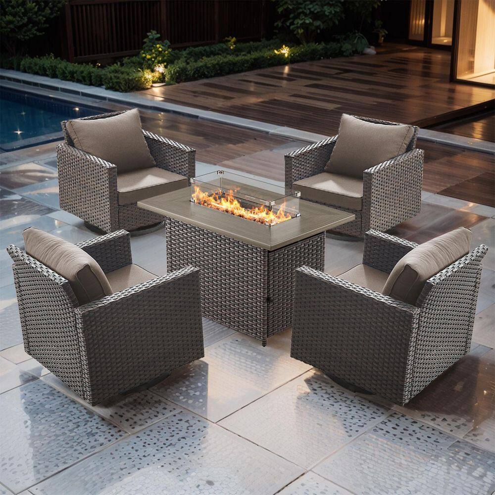 UvaNest 5-Piece Brown Wicker Patio Fire Pit Conversation Set with Gray Cushions and Outdoor Swivel Rocking Chair price history on PriceWatchPro