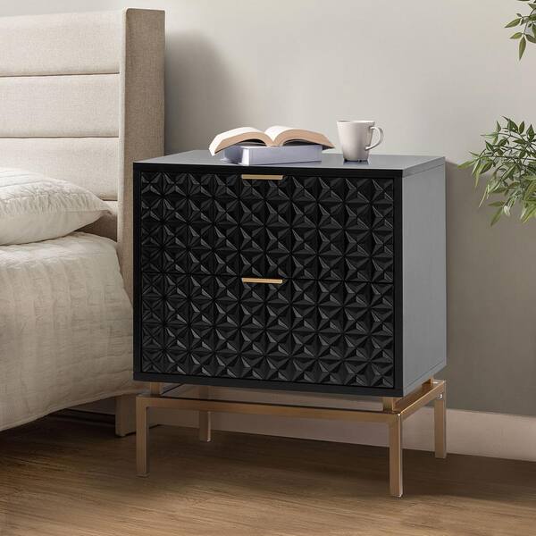 JAYDEN CREATION Vico Black 25 in. Tall 2-Drawer Nightstand with Metal Hardware