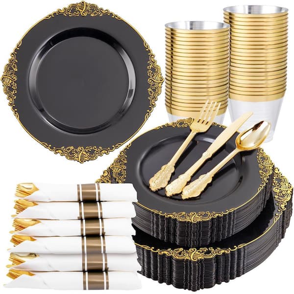 175-Piece Plastic Dinnerware Set, Service for 25, Disposable Plates, Cups, Silverware, Napkins for Christmas, in Black