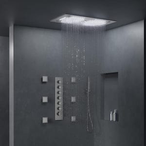 28 in. Rectangle Aurora 6-Spray Ceiling Mount Fixed and Handheld Dual Shower Head 2.5 GPM in Brushed Nickel