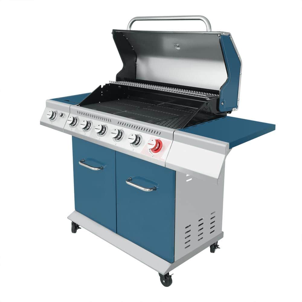 Blue 6-Burner Propane Gas Grill with Side Burner