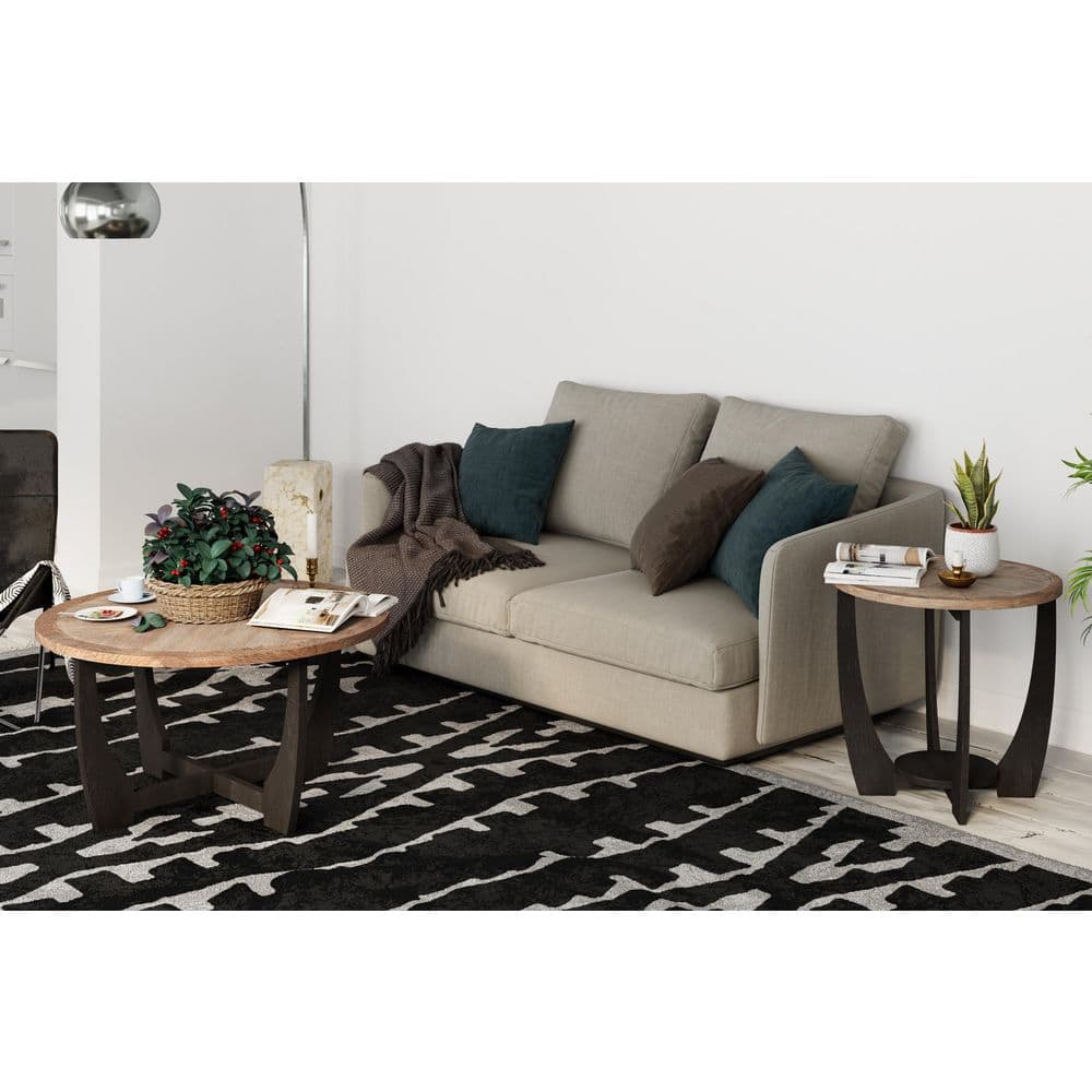 Rustic Brown and Black Round Wood Coffee Table with Crisscross Base