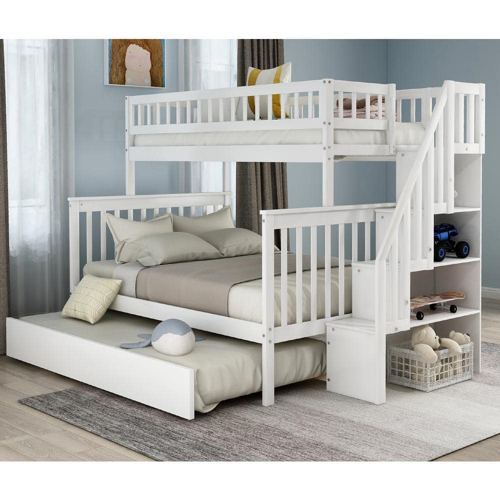 Harper & Bright Designs White Twin Over Full Bunk Bed with Trundle and  Stairs for Kids SM000095AAK-1 - The Home Depot