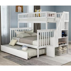 White Twin Over Full Bunk Bed with Trundle and Stairs for Kids