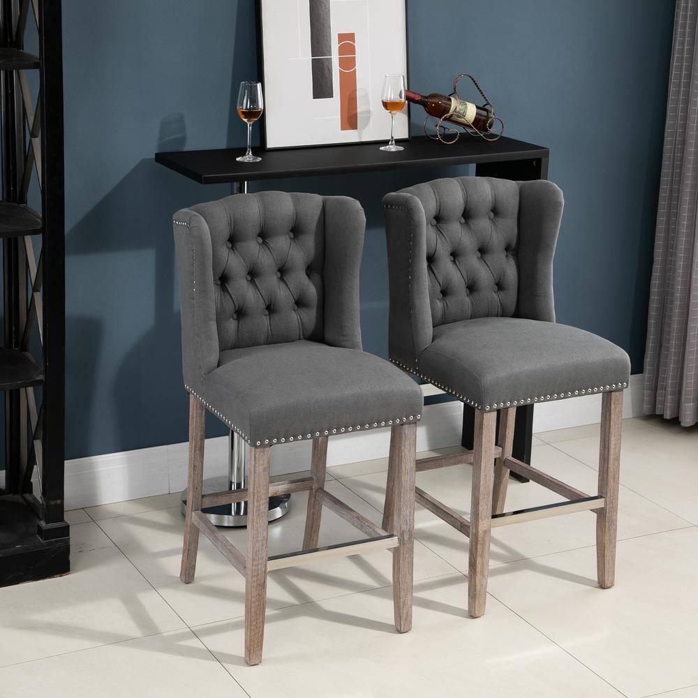 41 in. Deep Grey Wingback Rubberwood 26.75 in. Bar Chair with Polyester Seat 2Included