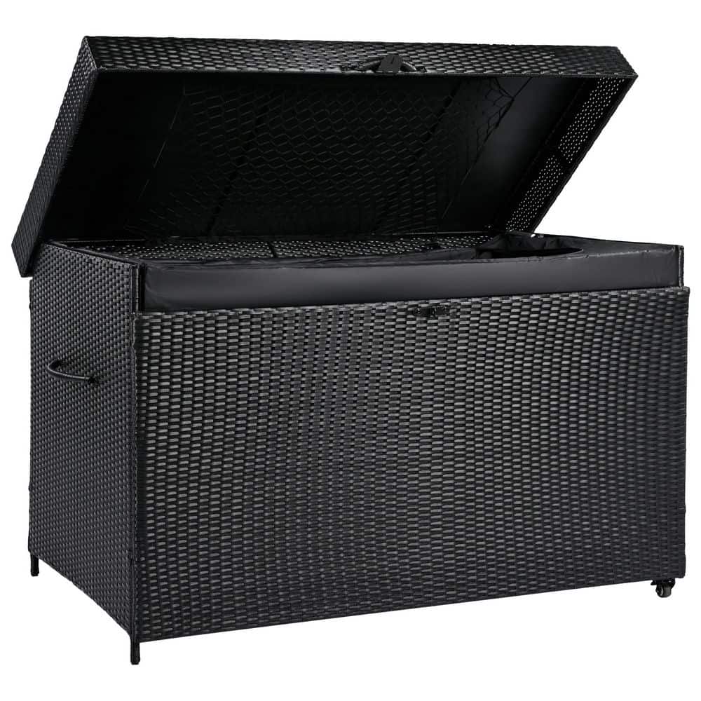 230 Gal. 51.2 in. Black Rattan Wicker Outdoor Deck Box with Wheels, Patio S