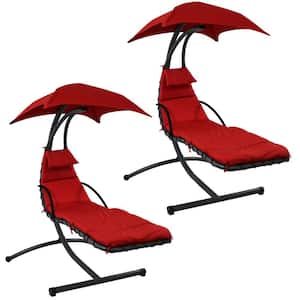 2-Piece Steel Outdoor Floating Chaise Lounge Chair with Canopy and Red Cushions