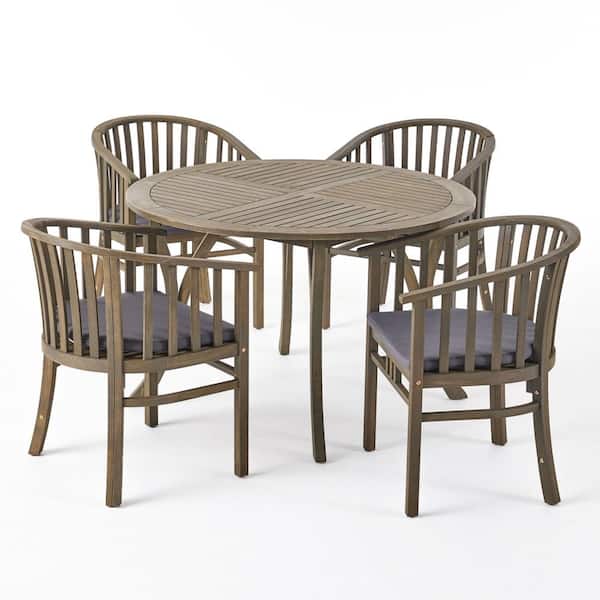 Alondra 30 in. Grey 5-Piece Wood Round Outdoor Patio Dining Set with Dark Grey Cushions