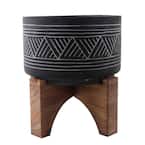 7 in. Black Mountain Cement Pot with Wood Stand Mid-Century Planter