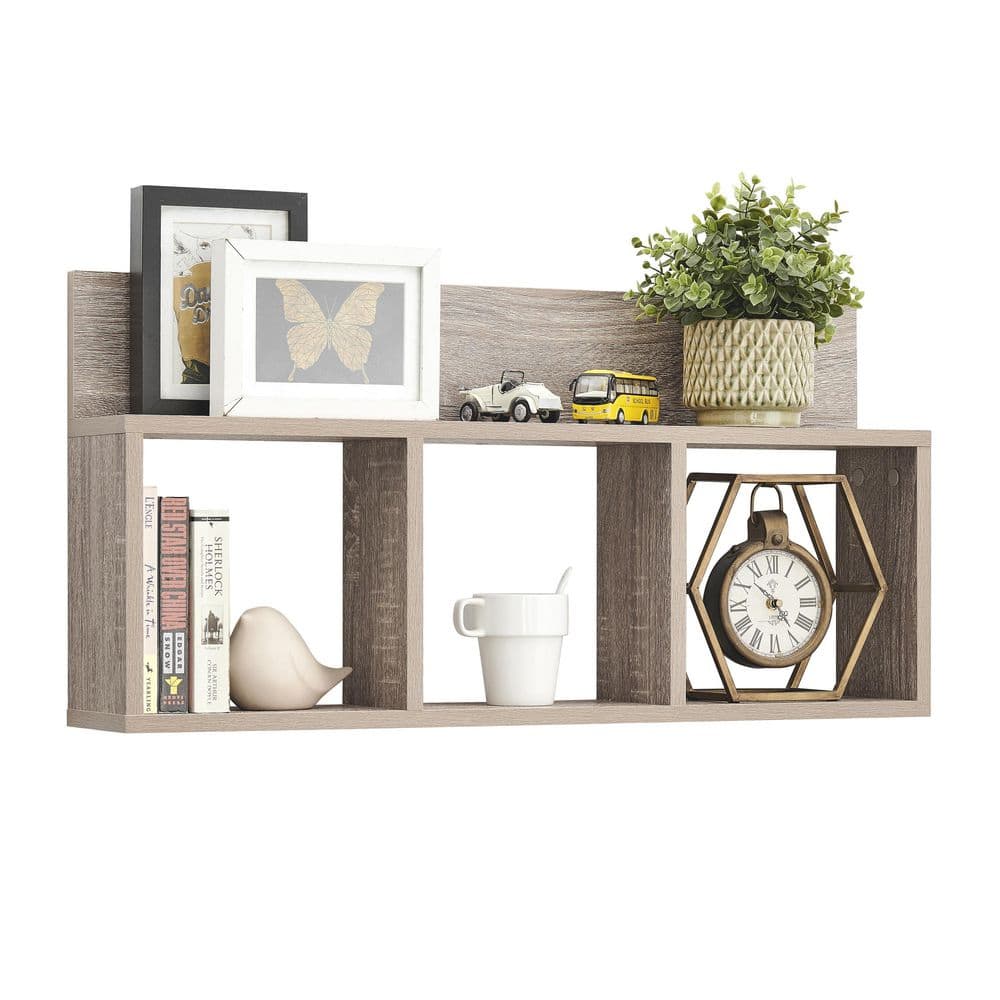 Weathered Oak 3-Cube Floating Wall Shelf with Display Ledge
